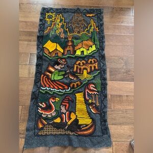 Hand Embroidered Crewel Wall Hanging Tapestry Village Farm Harvest Folk Art